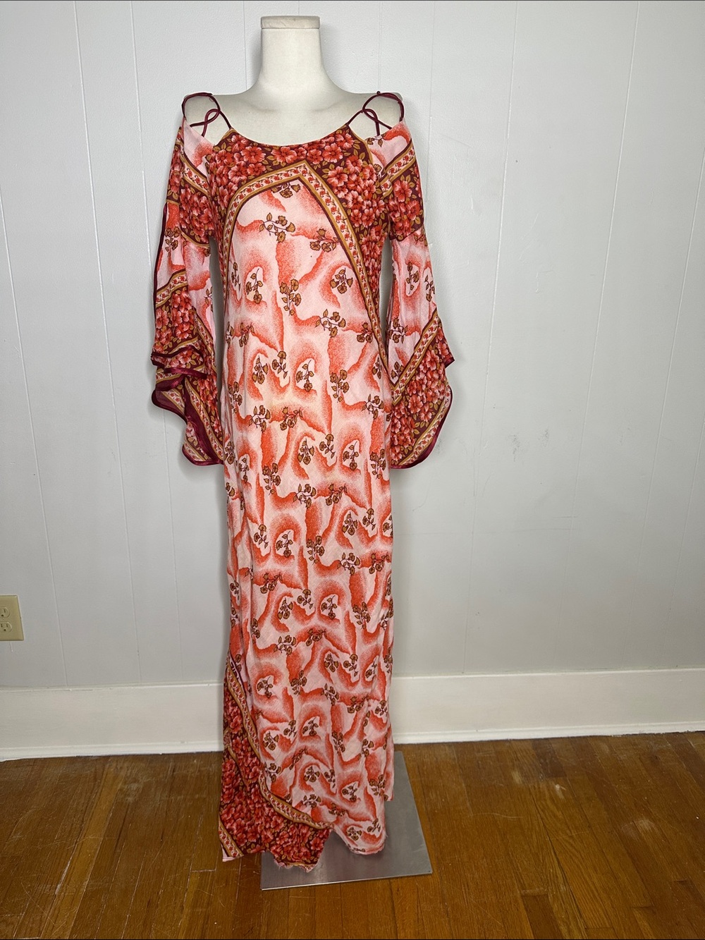 Vintage 70s Cotton Chiffon Angel Sleeve Boho Hippy Maxi Floral Dress Bias Cut